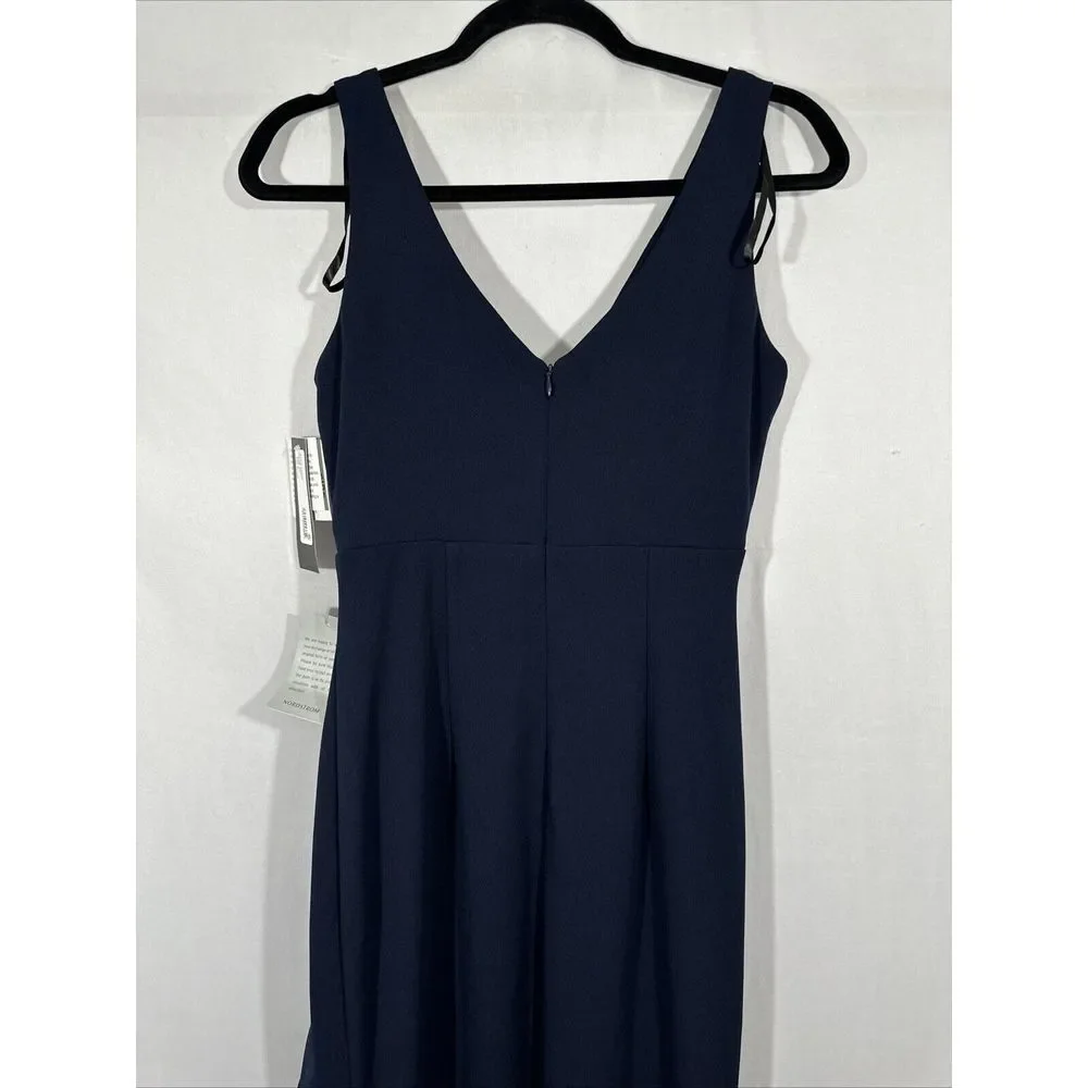 NWT $249 Betsy & Adam [ 6‎ ] V Neck Ruffled High-Low Gown Navy Blue